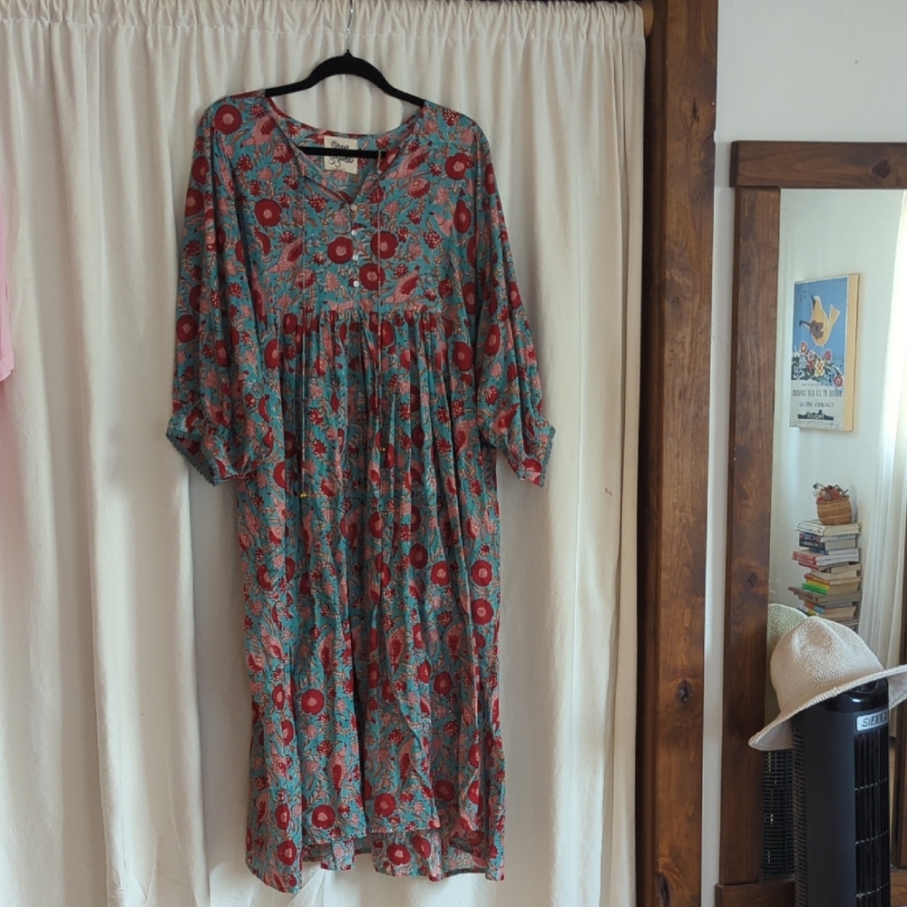 River Goddess Turquoise Midi Dress with Red/Pink Floral/Bird Motif